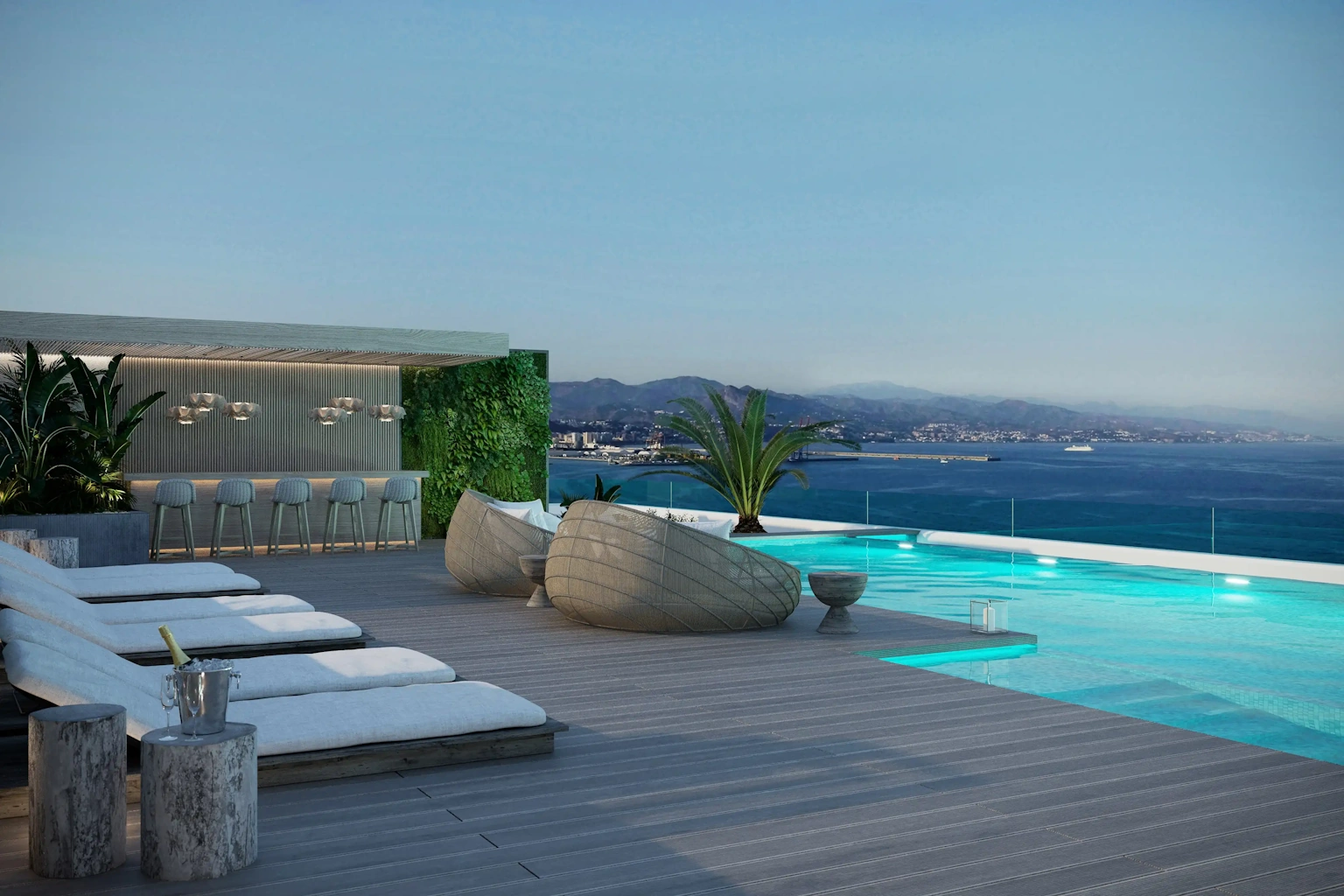 Golden Towers Malaga rooftop terrace and pool with ocean view